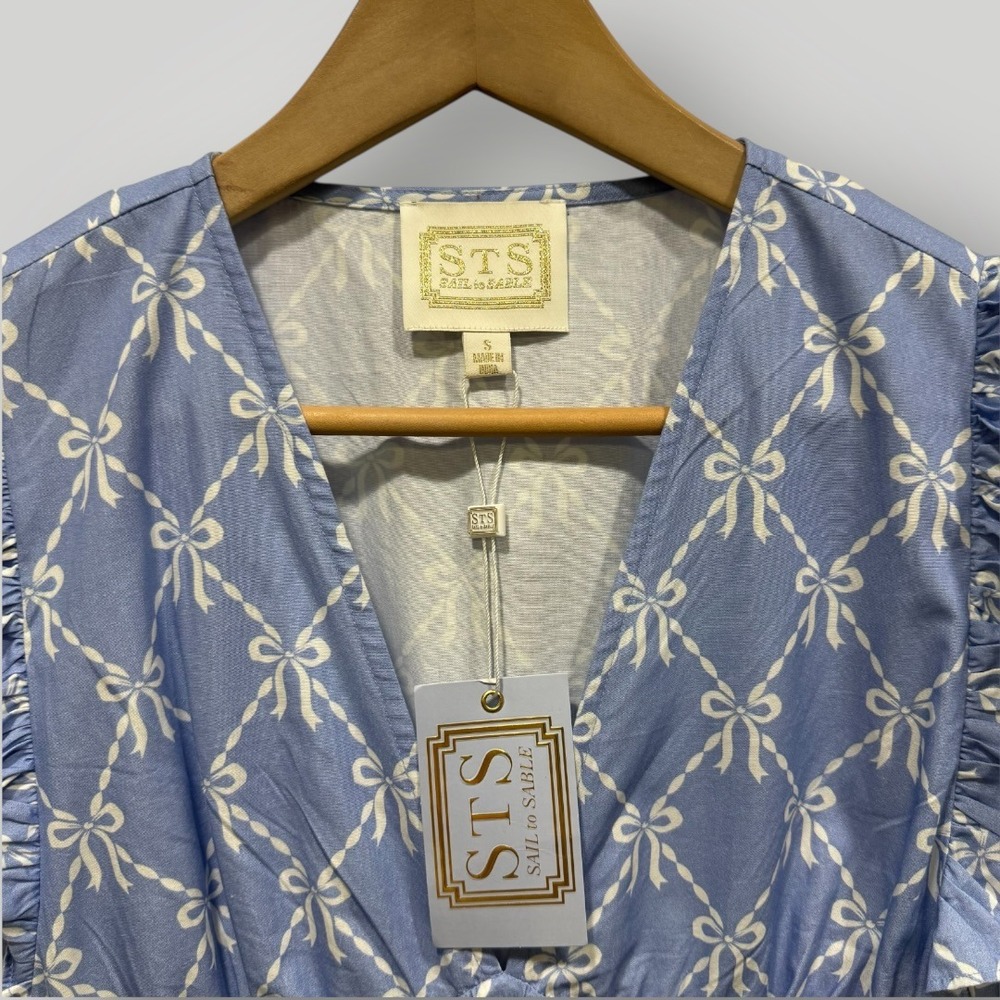 Sail to Sable Hydrangea Bow Print Flutter Sleeve V Neck Maxi Dress Blue SP25T5 S - Picture 4 of 9